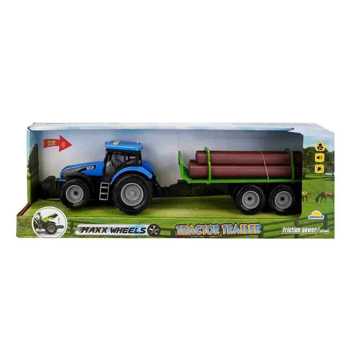 Maxx Wheels Tractor albastru cu remorca cu lemne cu lumini si sunete 44 cm