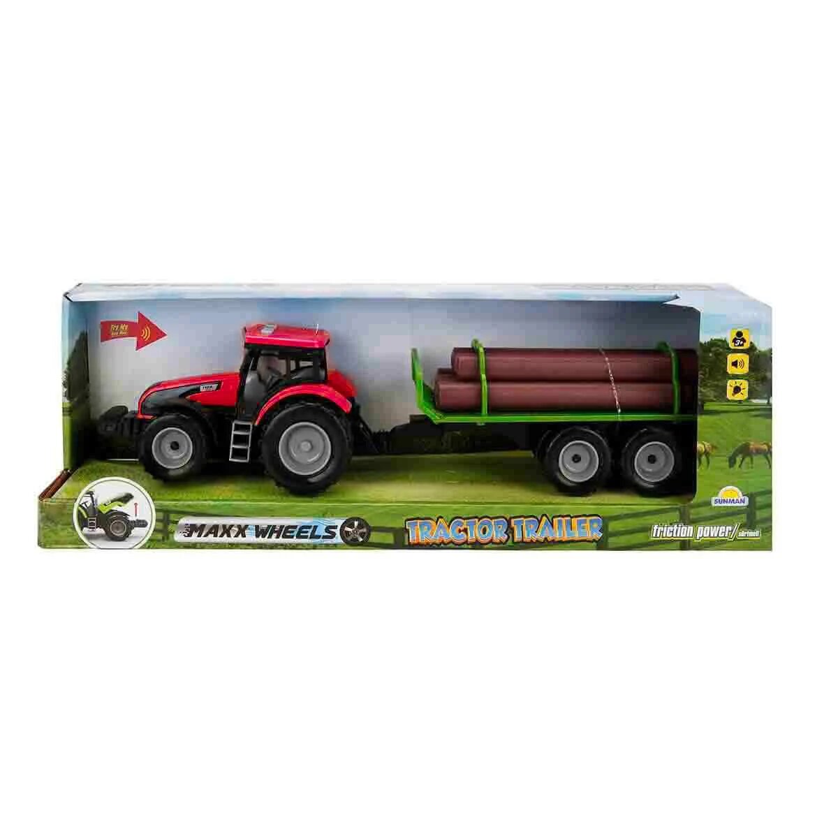 Maxx Wheels Tractor rosu cu remorca cu lemne cu lumini si sunete 44 cm
