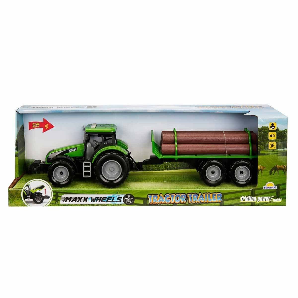 Maxx Wheels Tractor verde cu remorca cu lemne cu lumini si sunete 44 cm