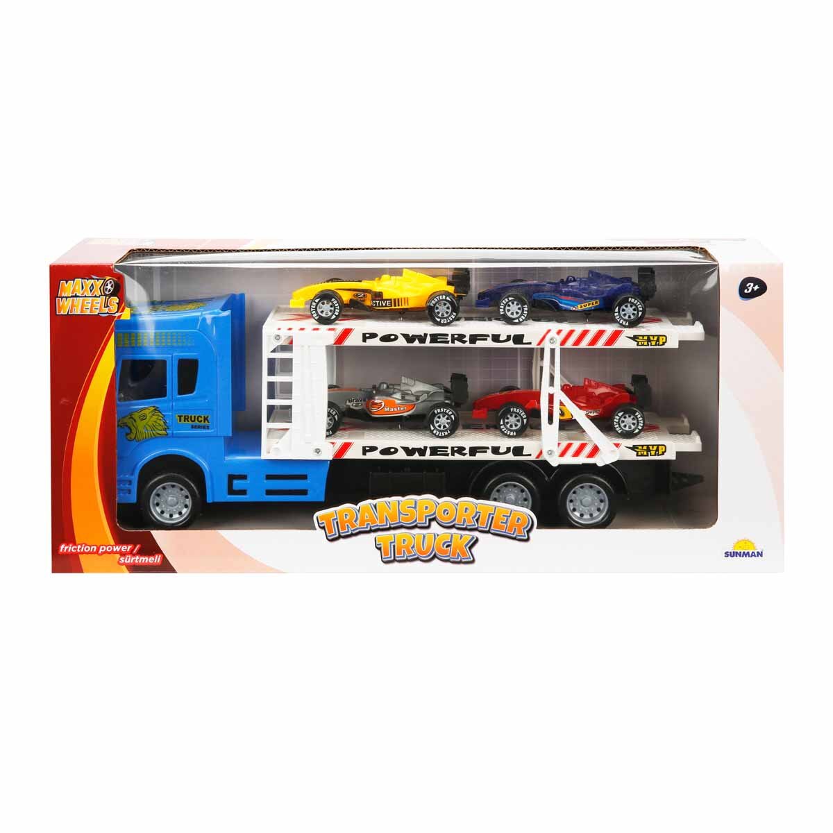 Maxx Wheels Transportator albastru cu 2 niveluri si 4 masini 1:32 32 cm