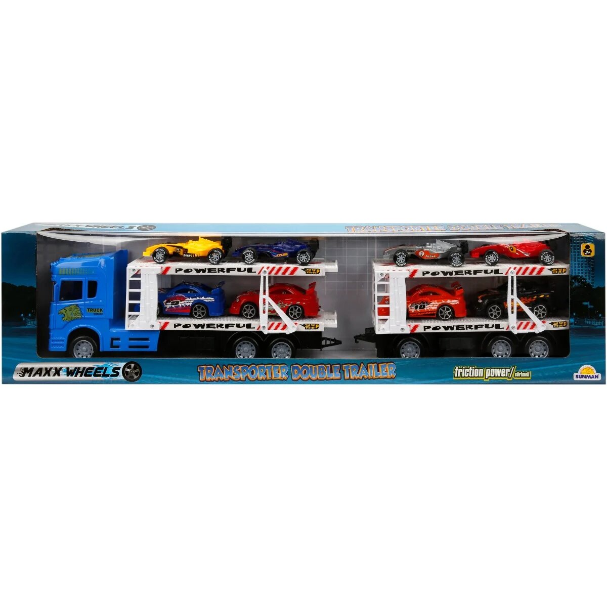 Maxx Wheels Transportator albastru cu 2 niveluri si 8 masinute de curse 1:32 58 cm