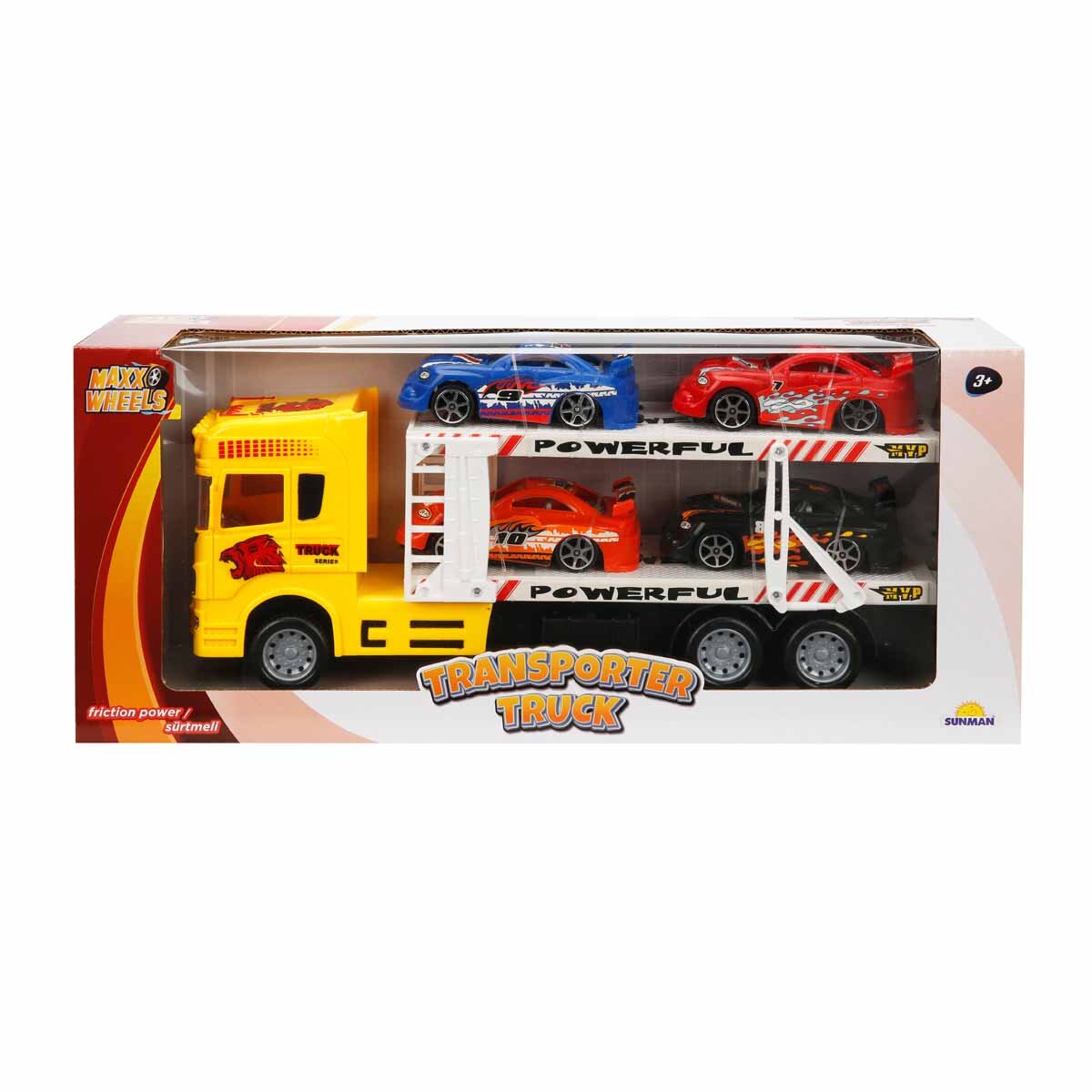 Maxx Wheels Transportator galben cu 2 niveluri si 4 masini 1:32 32 cm