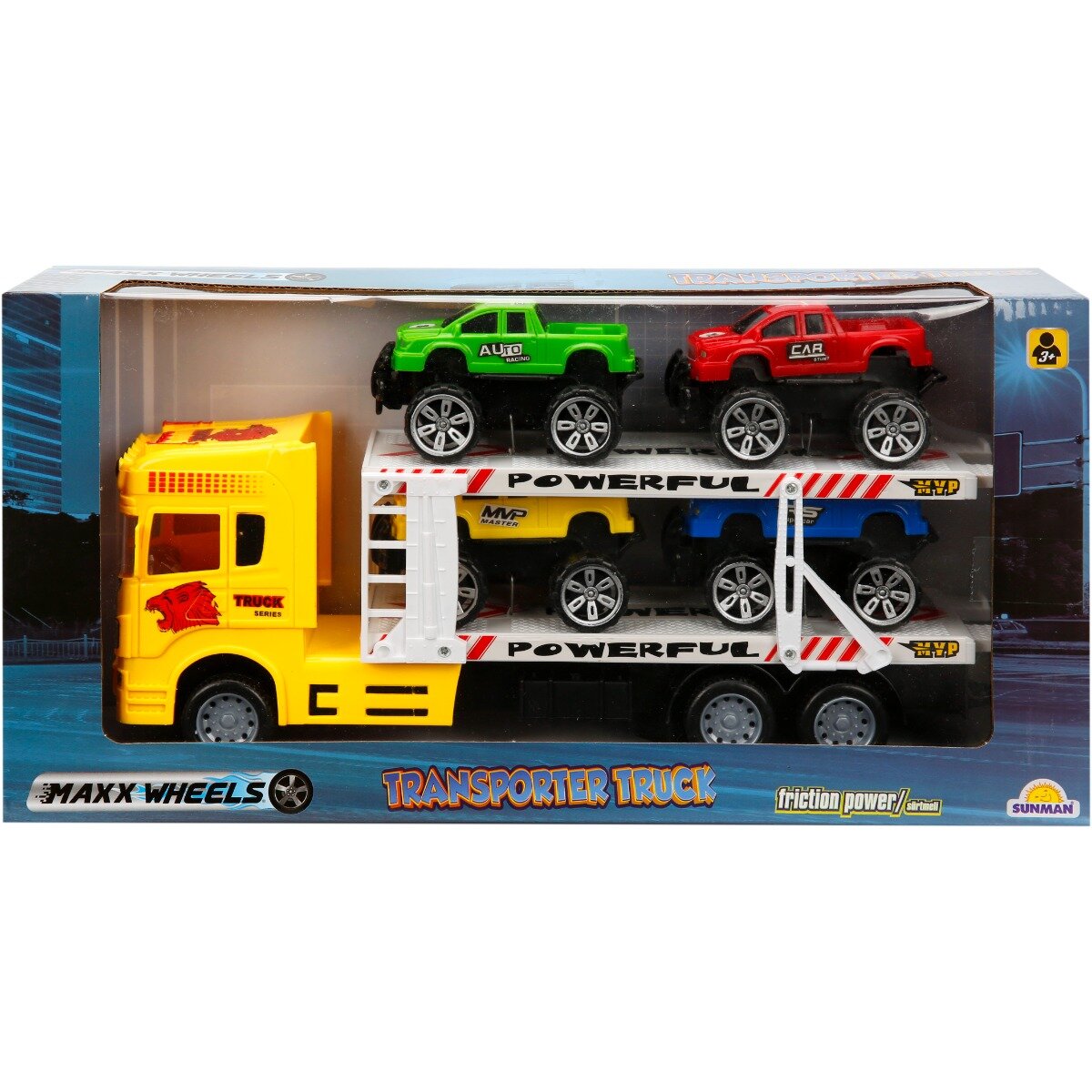Maxx Wheels Transportator galben cu 2 niveluri si 4 masini Jeep 1:32 32 cm