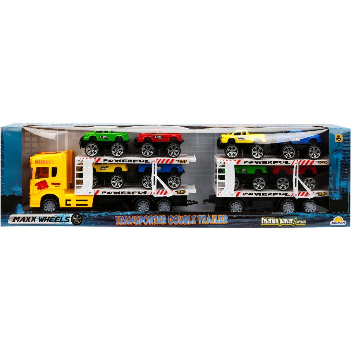 Maxx Wheels Transportator galben cu 2 niveluri si 8 masinute Jeep 1:32 58 cm