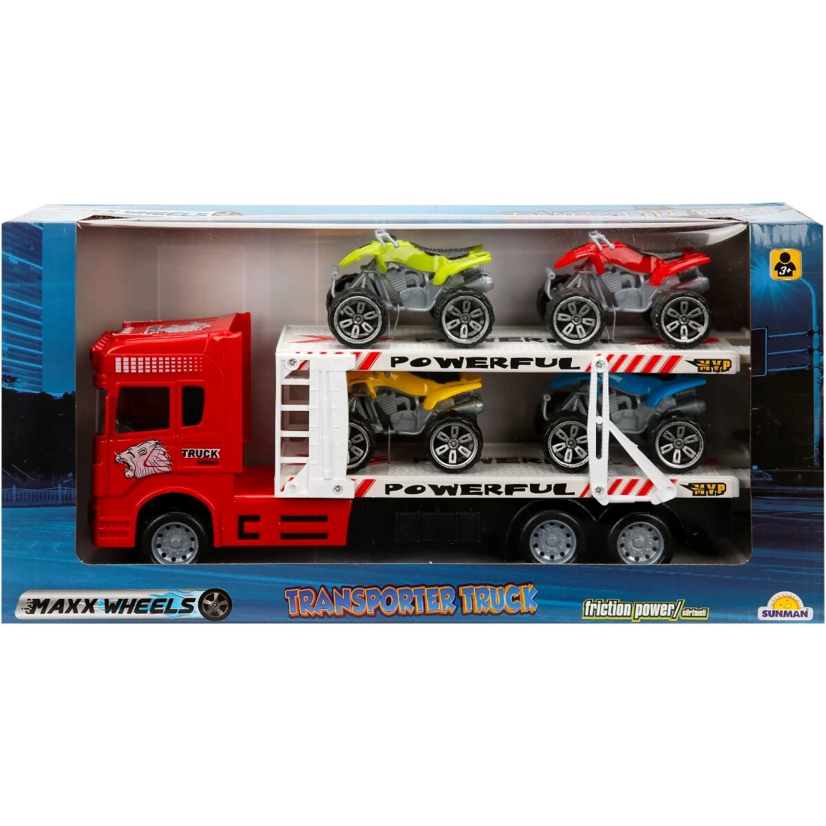 Maxx Wheels Ttransportator rosu cu 2 niveluri si 4 ATV 1:32 32 cm