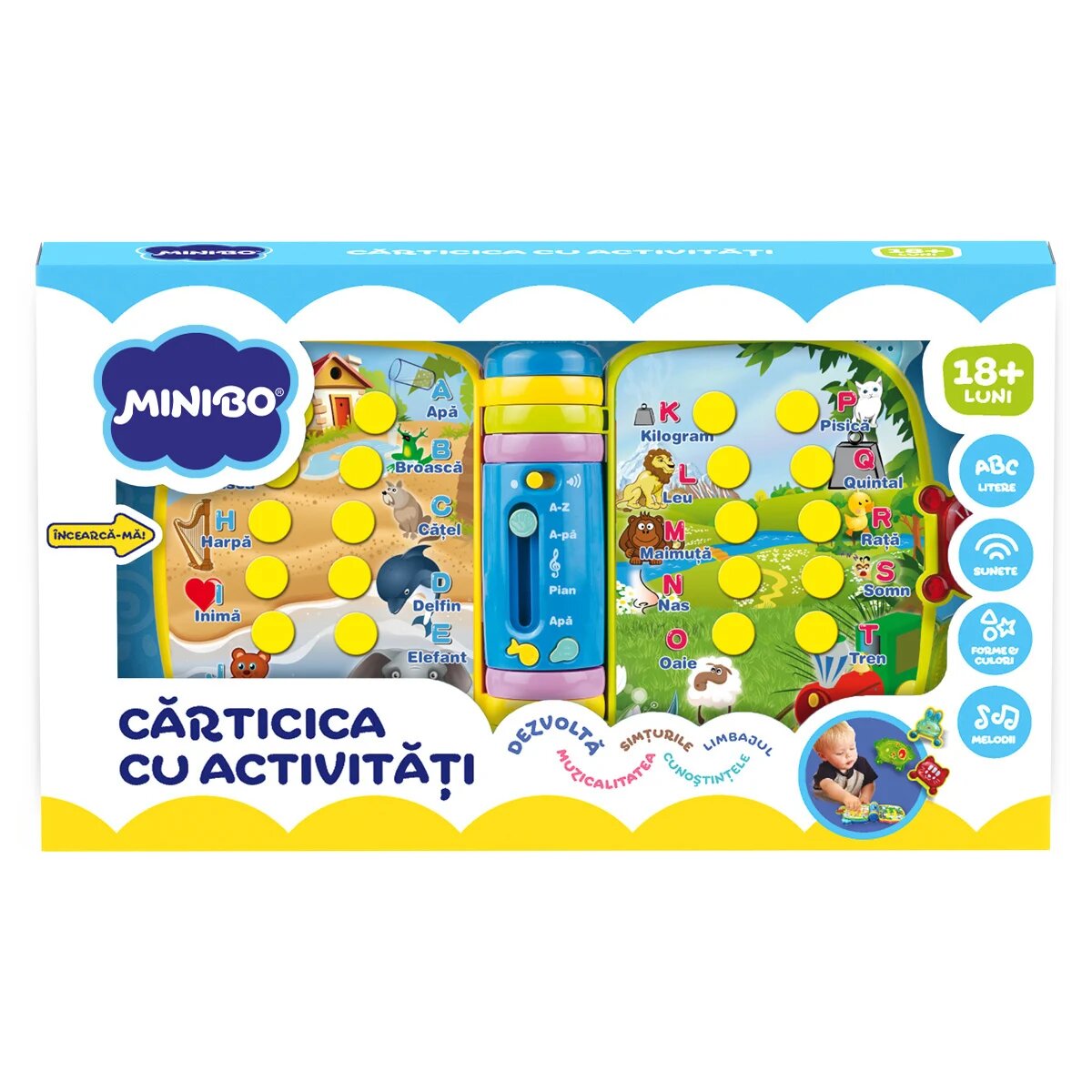 Minibo Carticica cu activitati pentru bebelusi cu 4 pagini