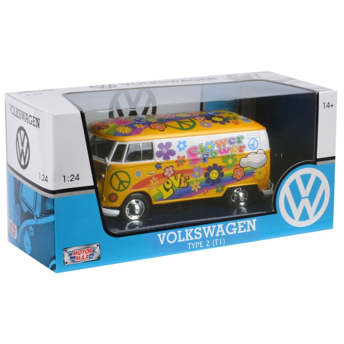 Motormax Camioneta Volkswagen Type 2 T1 Flower Power Galben 1:24