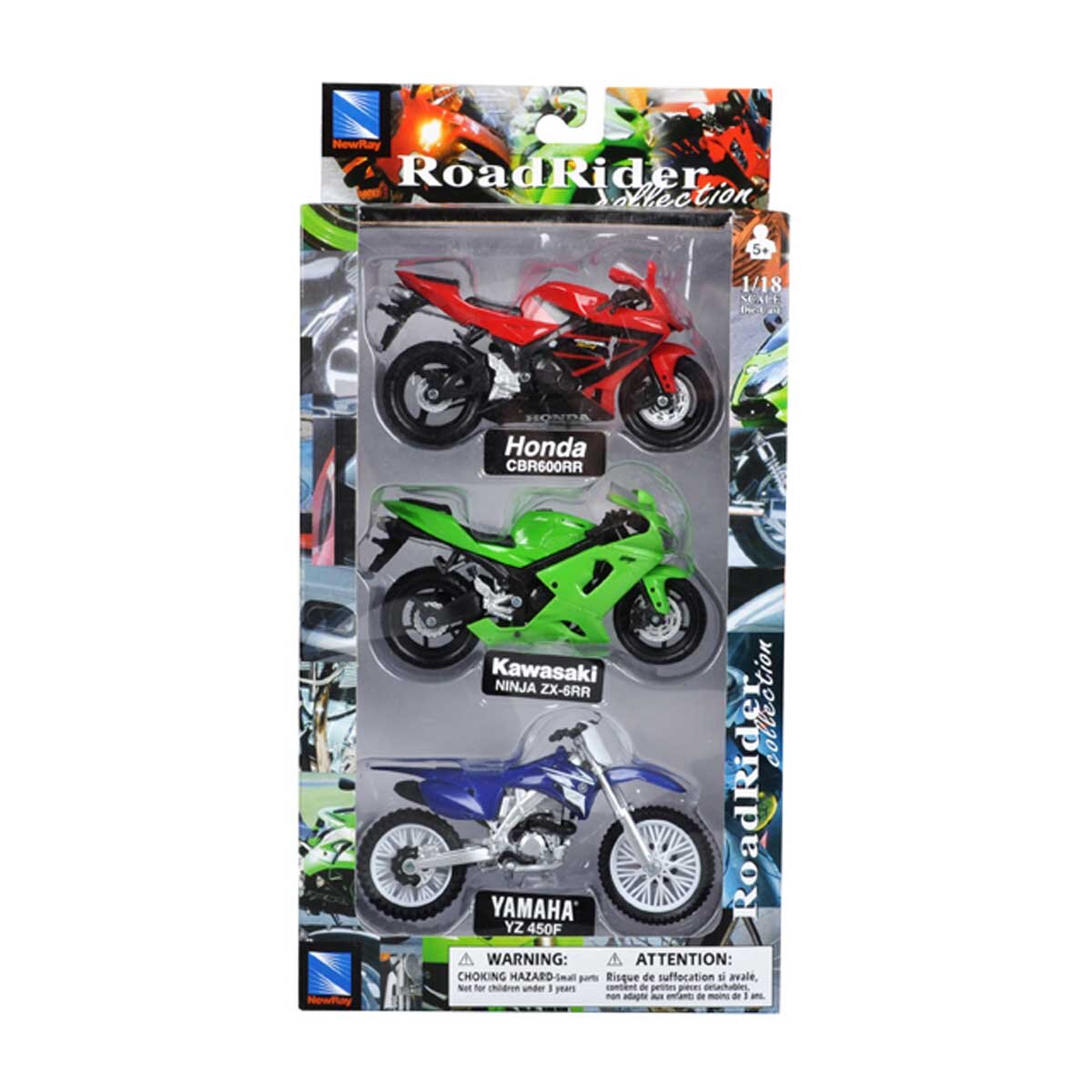 New Ray Set 3 motociclete metalice Honda Kawasaki Yamaha 1:18