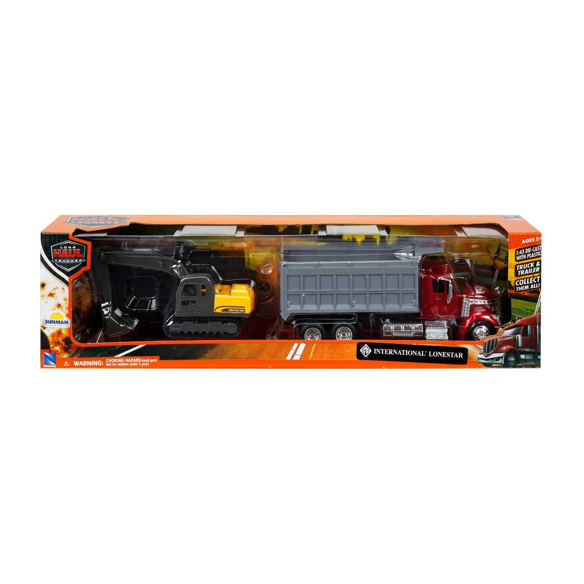 New Ray Set camion cu remorca platforma si vehicul de constructie 1:43 Rosu
