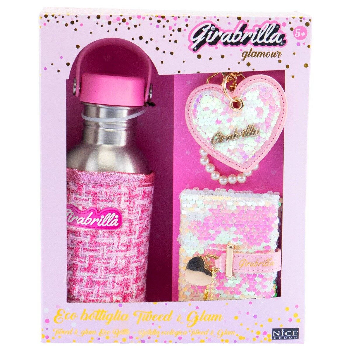 Nice Set sticla de apa cu husa tweed breloc fashion si mini-jurnal cu paiete Girabrilla
