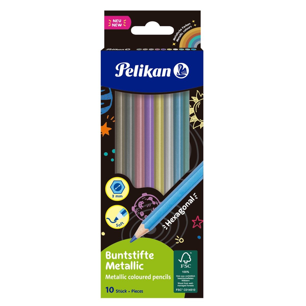 Pelikan Set 10 creioane colorate metalizate Herlitz Hexagonale 3 mm
