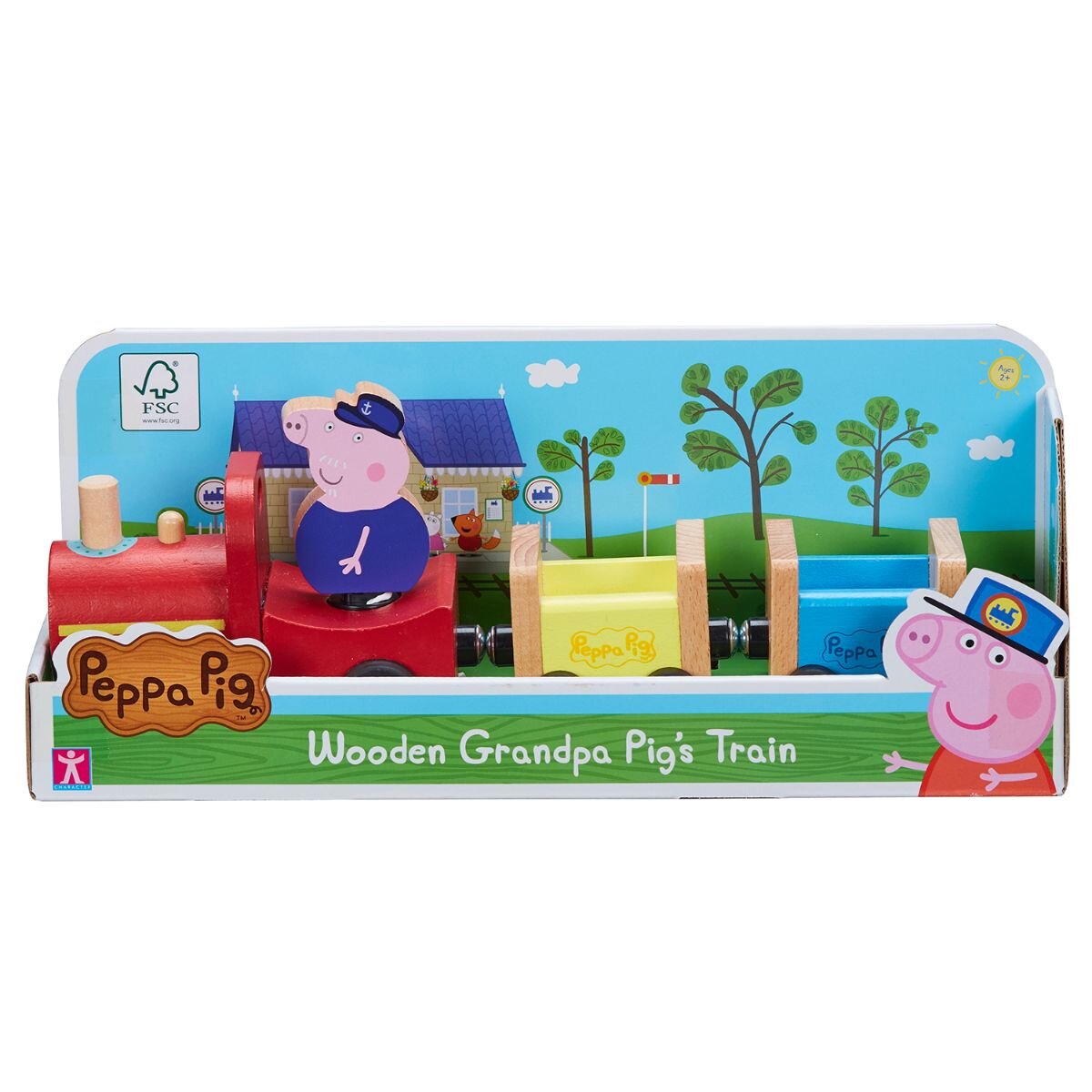 Peppa Pig Set figurina cu tren din lemn cu locomotiva si 2 vagoane