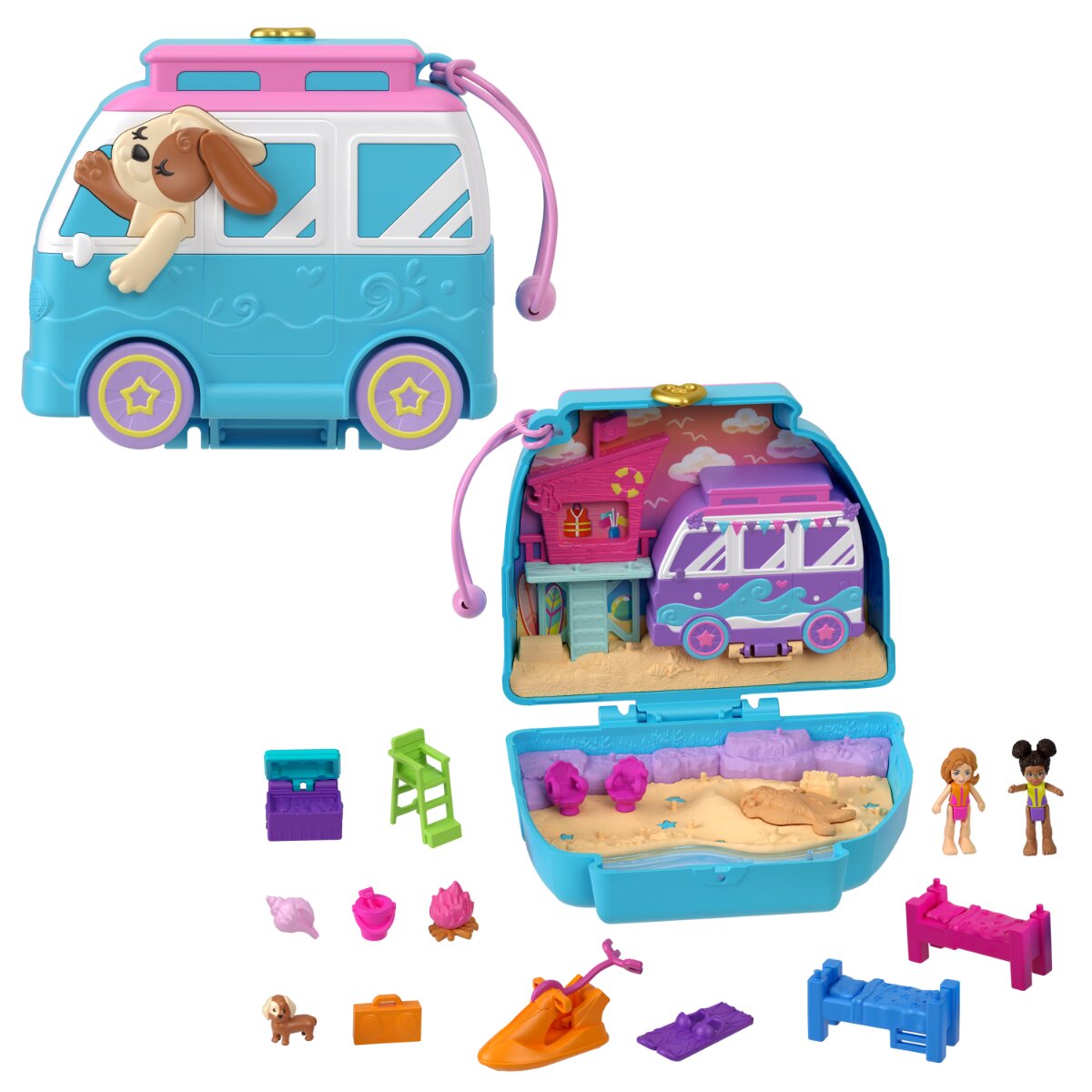 Polly Pocket Set de joaca cu 2 papusi si 12 accesorii Seaside Puppy Ride HRD36