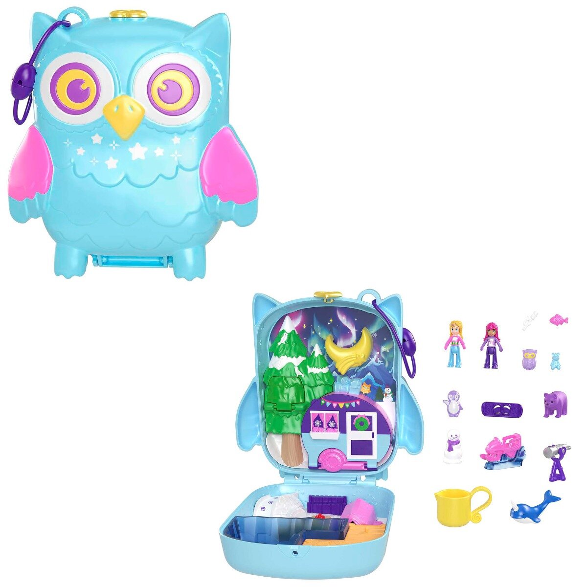 Polly Pocket Set de joaca cu 2 papusi si 12 accesorii Snowy Sleepover Owl HKV37