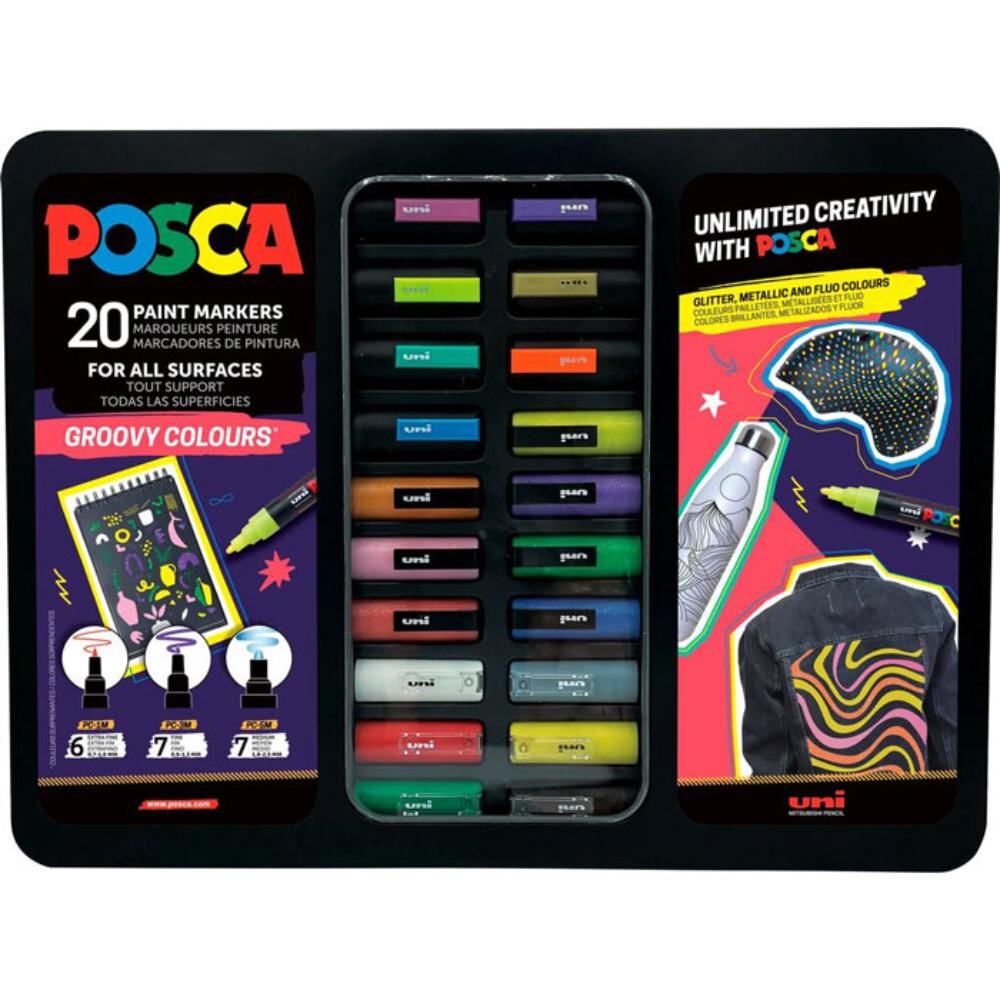 Posca Set de 20 de markere in cutie metalica Uni Groovy Colours