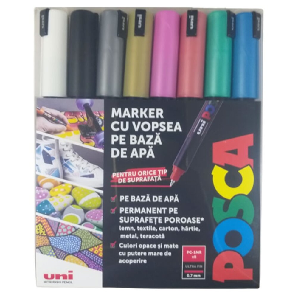 Posca Set markere UNI PC-1MR 0.7 MM Varf Fin Metalic 8 culori metalizate