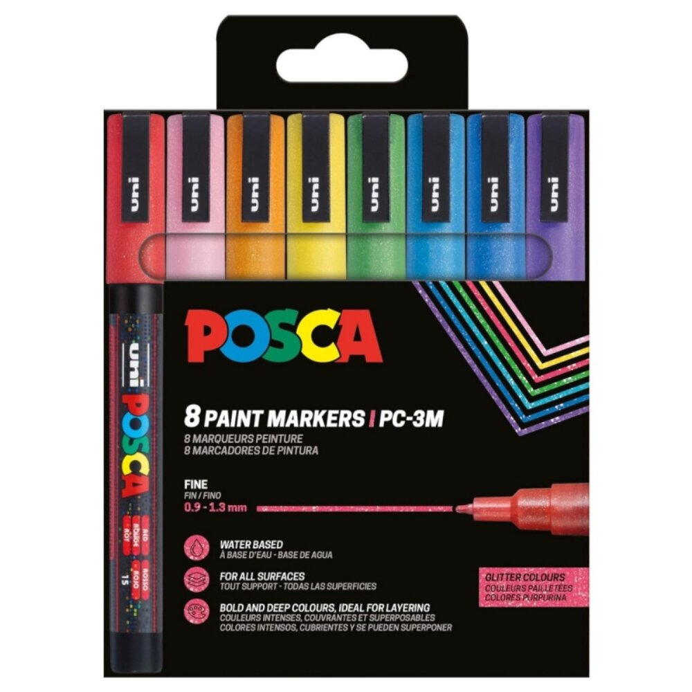 Posca Set markere UNI PC-3ML 0.9-1.3 MM cu sclipici 8 culori