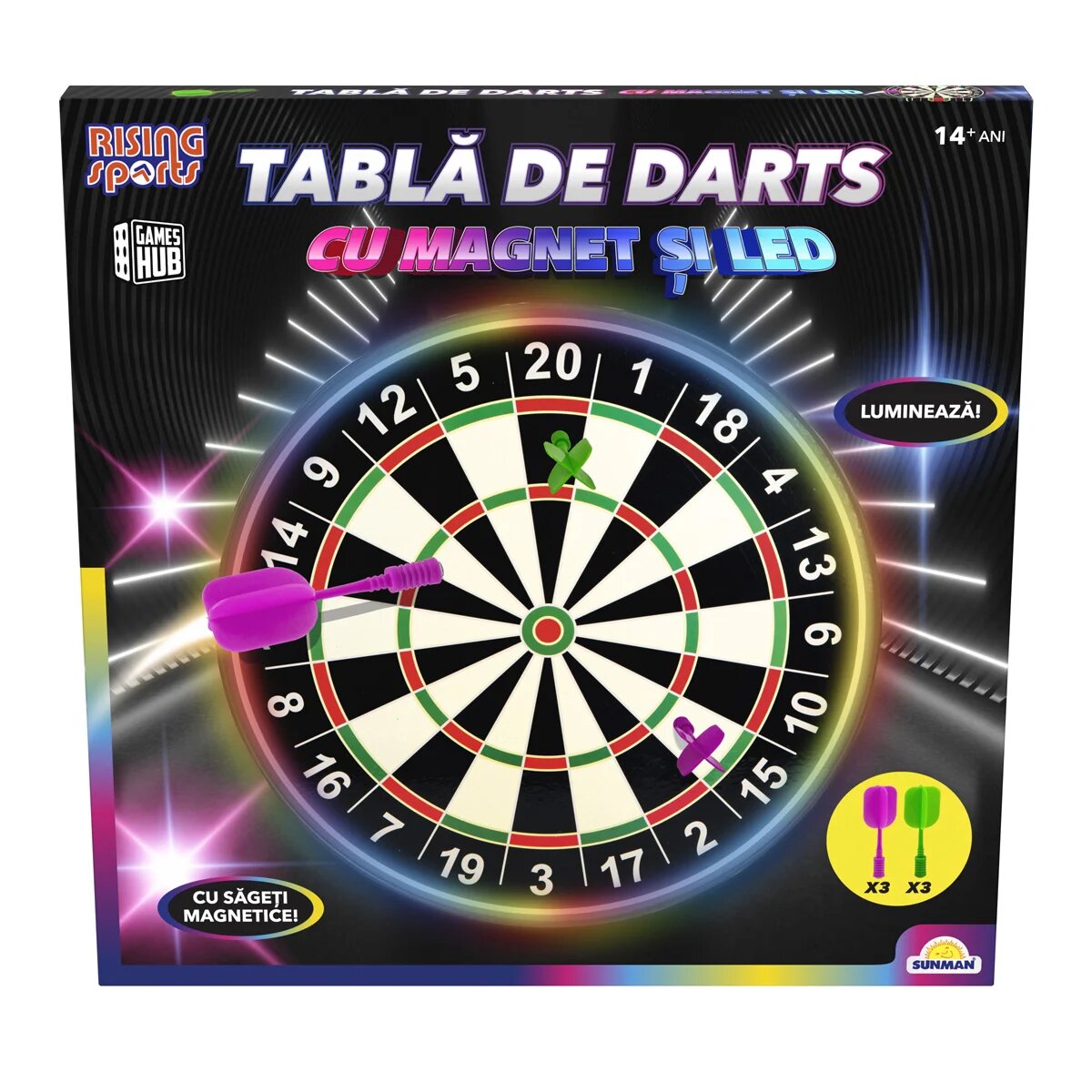Rising Sports Tabla de darts cu magnet si lumini LED 41 cm