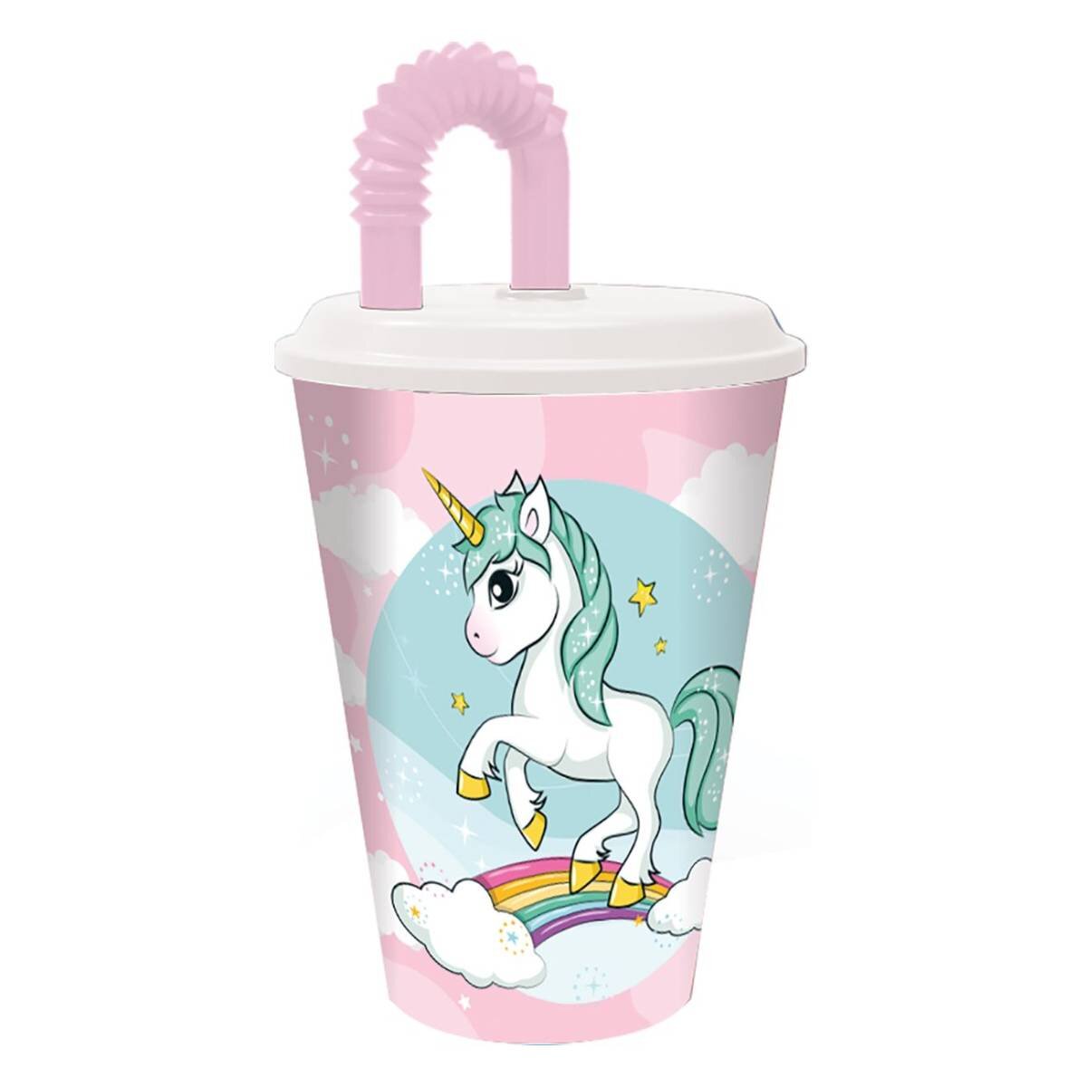 Stor Pahar cu pai si capac Unicorn 430 ml