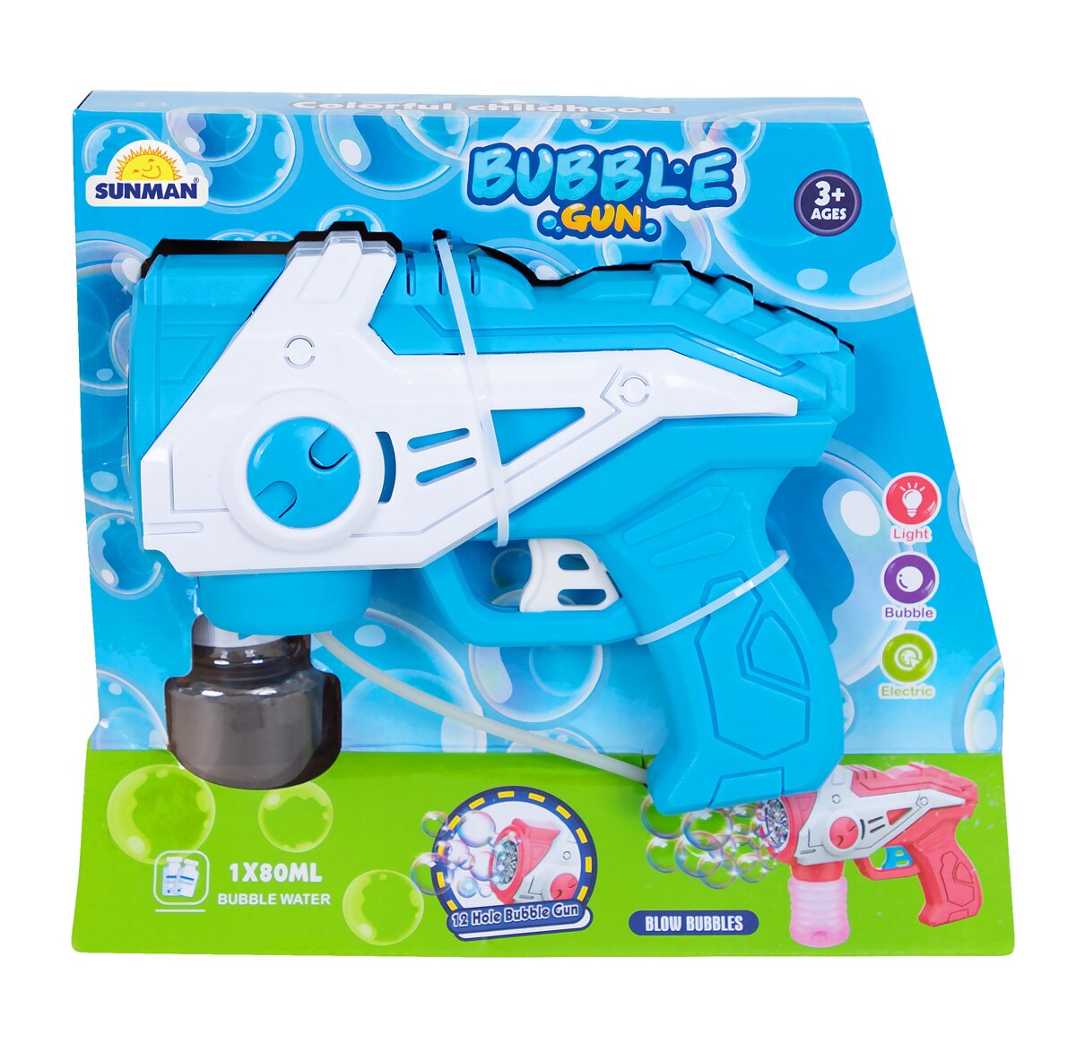Sunman Pistol de facut baloane cu lumini si sunete Bubble Gun 160 ml Albastru