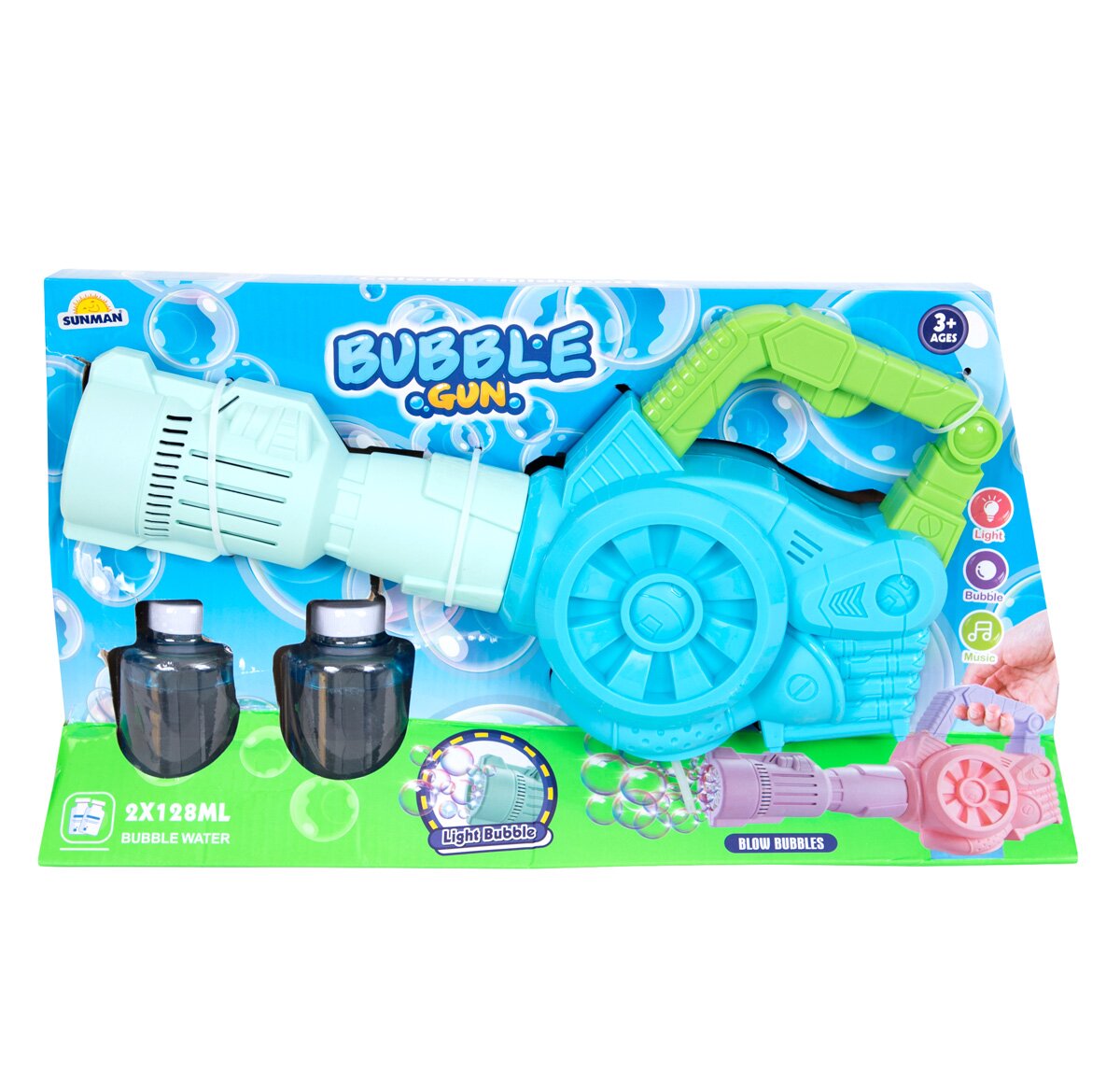 Sunman Pistol de facut baloane cu lumini si sunete Bubble Gun 256 ml Albastru