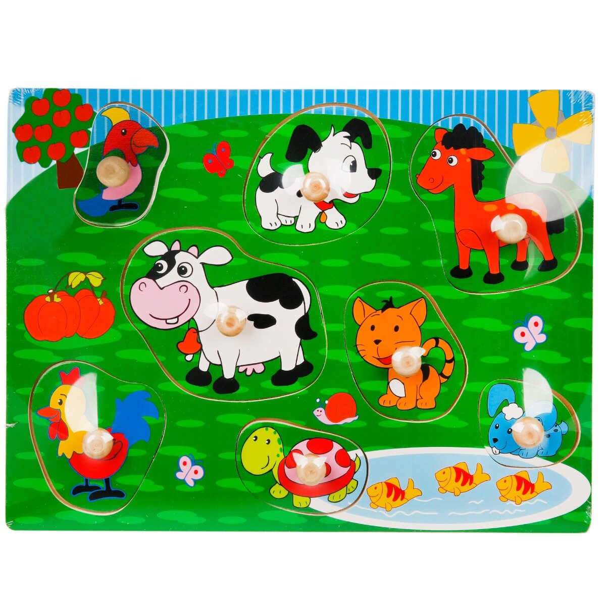 Sunman Puzzle din lemn Animale domestice cu maner 8 piese