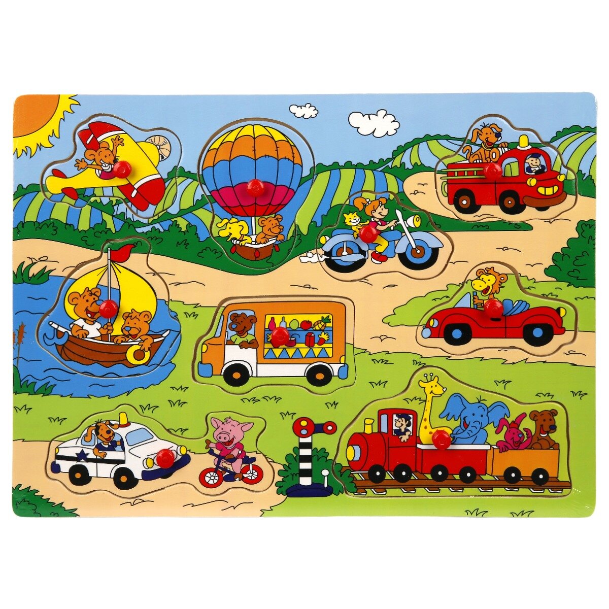 Sunman Puzzle din lemn Gasiti si conectati animalele si vehiculele 7 8 piese