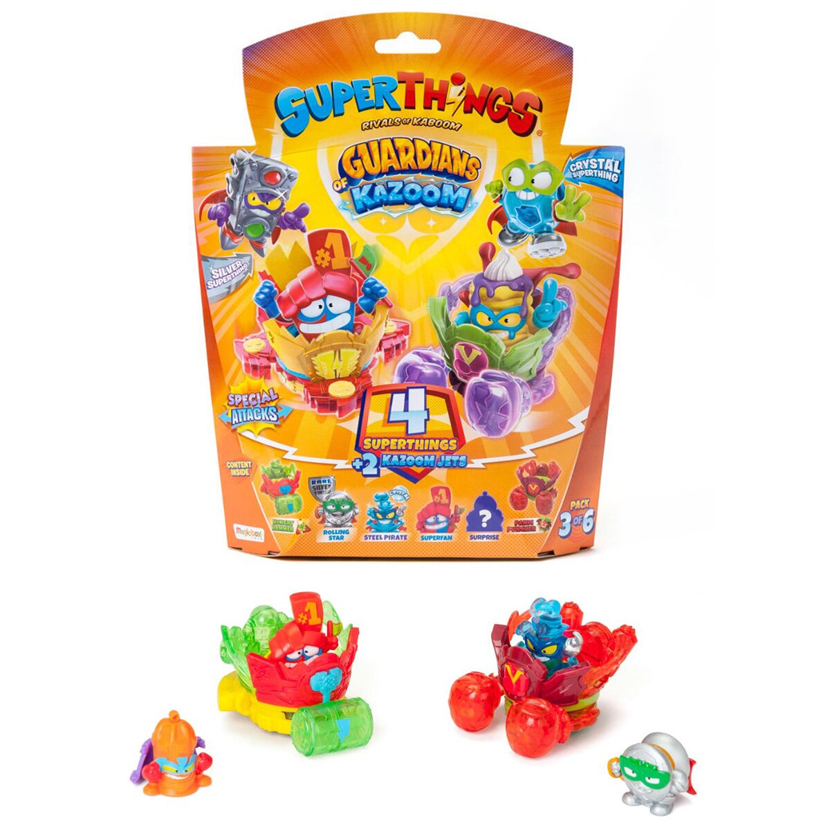 SuperThings Set 4 figurine si 2 vehicule Guardians of Kazoom Jet Portocaliu