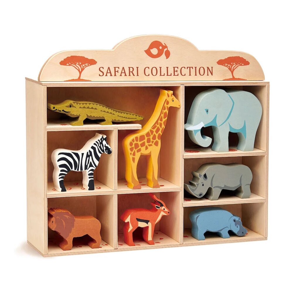 Tender Leaf Toys Animalute din savana pe raft Set 8 piese din lemn
