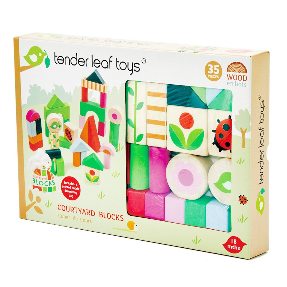 Tender Leaf Toys Cuburi din lemn cu ilustratii din gospodarie Courtyard Blocks 35 piese