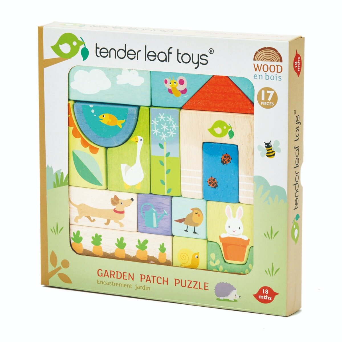 Tender Leaf Toys Puzzle educativ din lemn ilustratii din gradina 17 piese