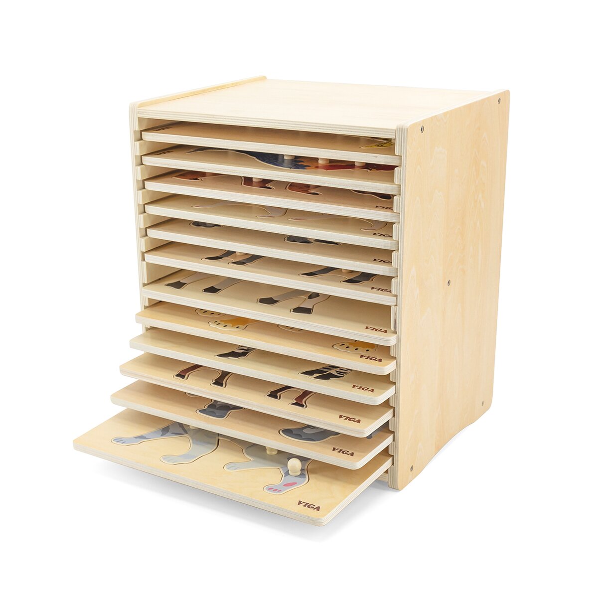 Viga Set 12 puzzle-uri Montessori cu raft de depozitare