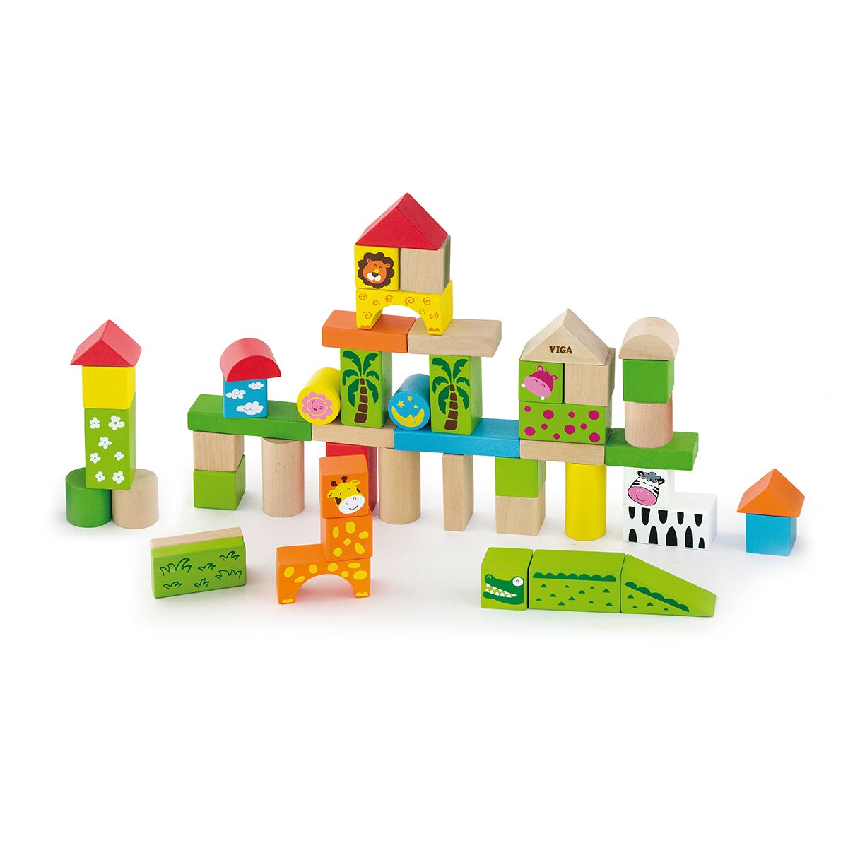 Viga Set 50 cuburi de construit din lemn Zoo