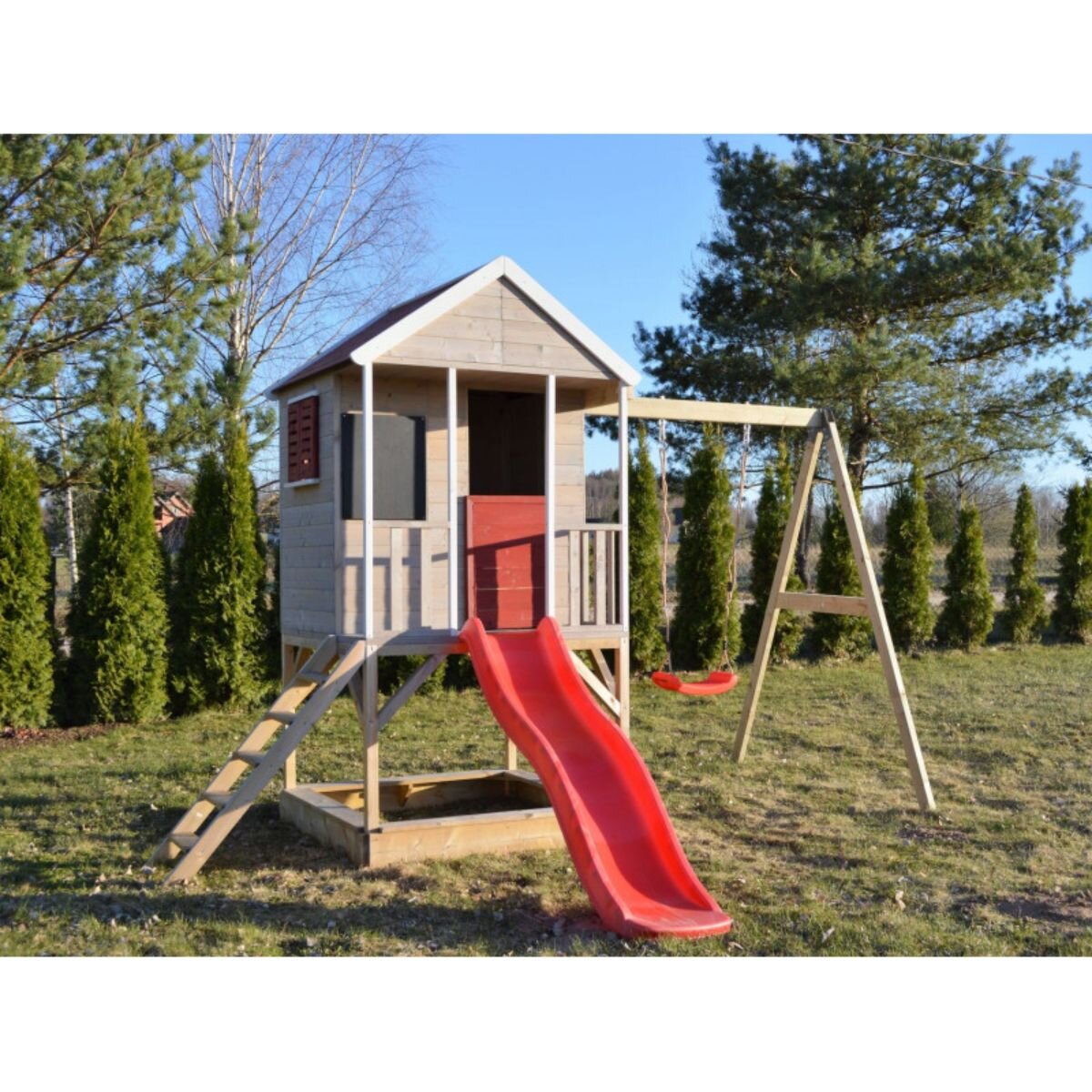 Wendi Toys Casuta de gradina cu platforma loc pentru nisip tobogan leagan Summer Adventure House
