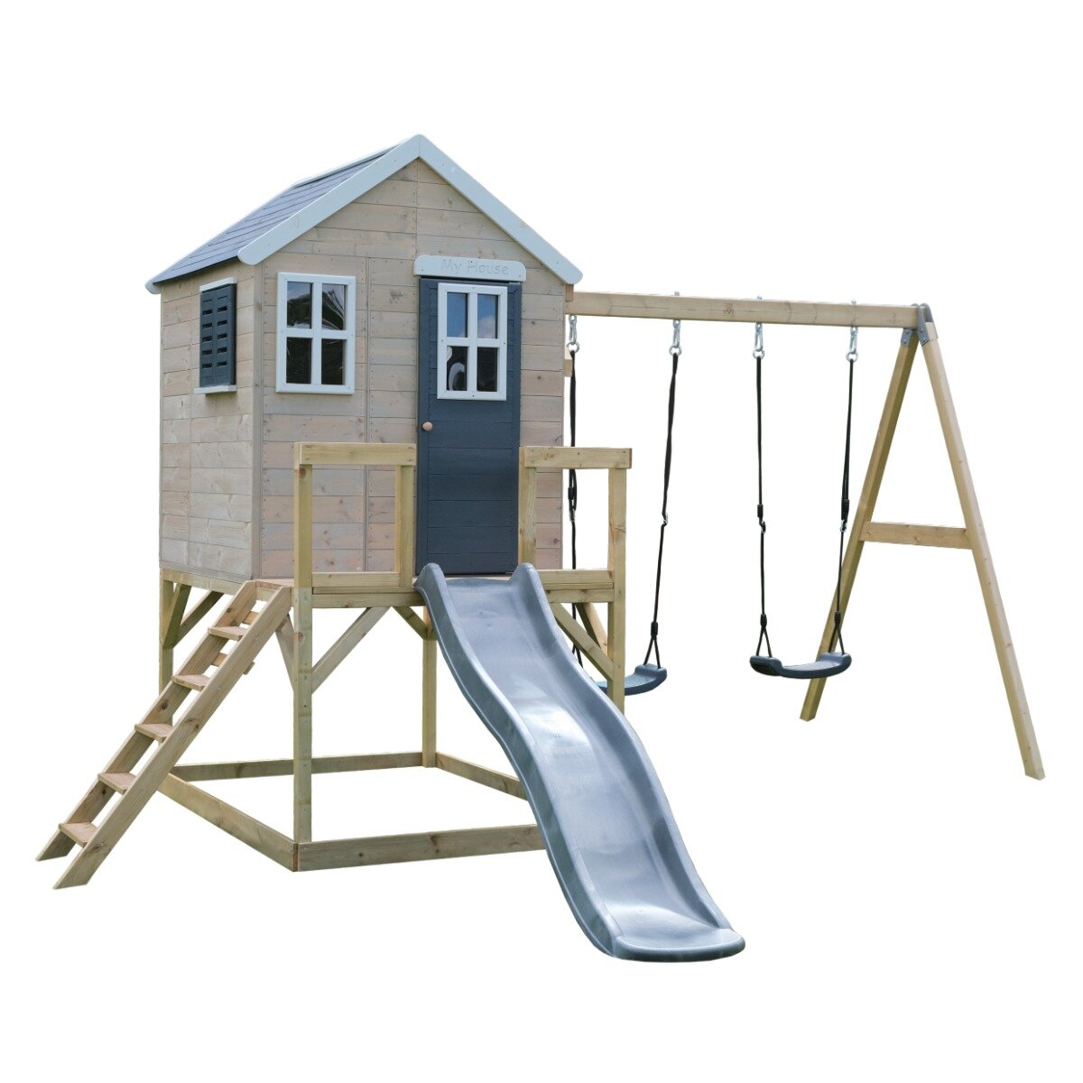Wendi Toys Casuta de gradina cu platforma tobogan si leagan dublu Grey Lodge
