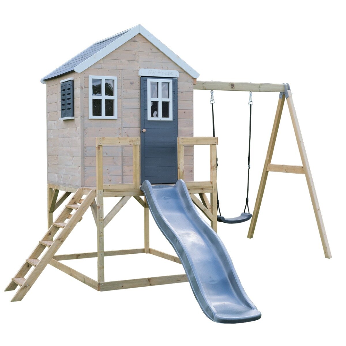 Wendi Toys Casuta de gradina cu platforma tobogan si leagan Grey Lodge