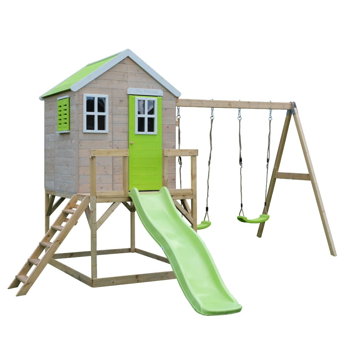 Wendi Toys Casuta de gradina cu platforma tobogan si leagan Lime Lodge