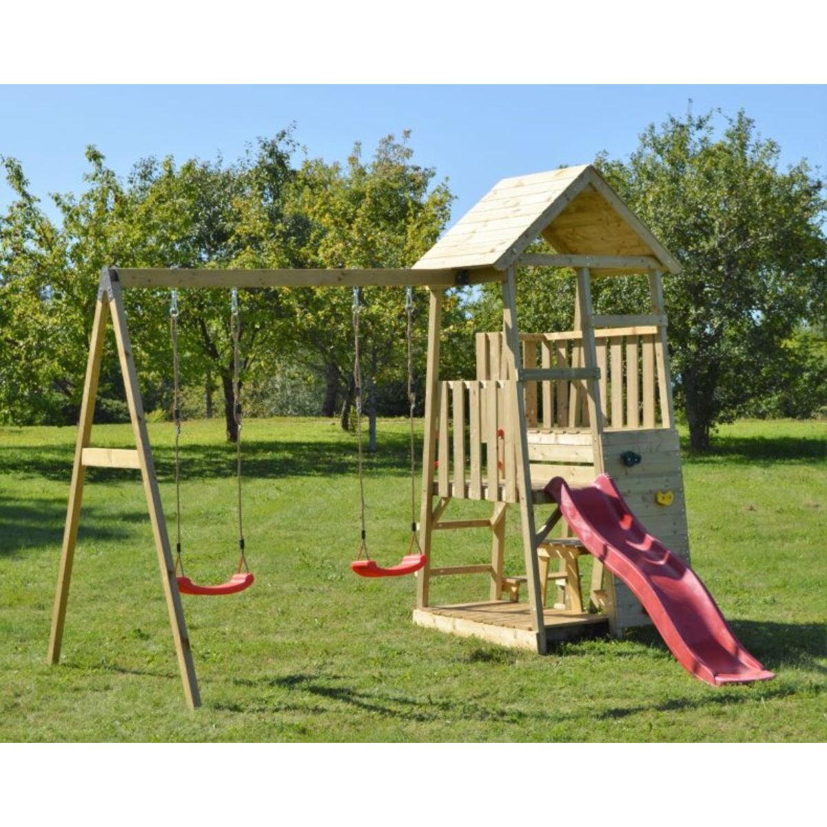 Wendi Toys Turn de joaca cu panou catarare 1 tobogan 2 leagane masuta picnic cu bancute lada nisip
