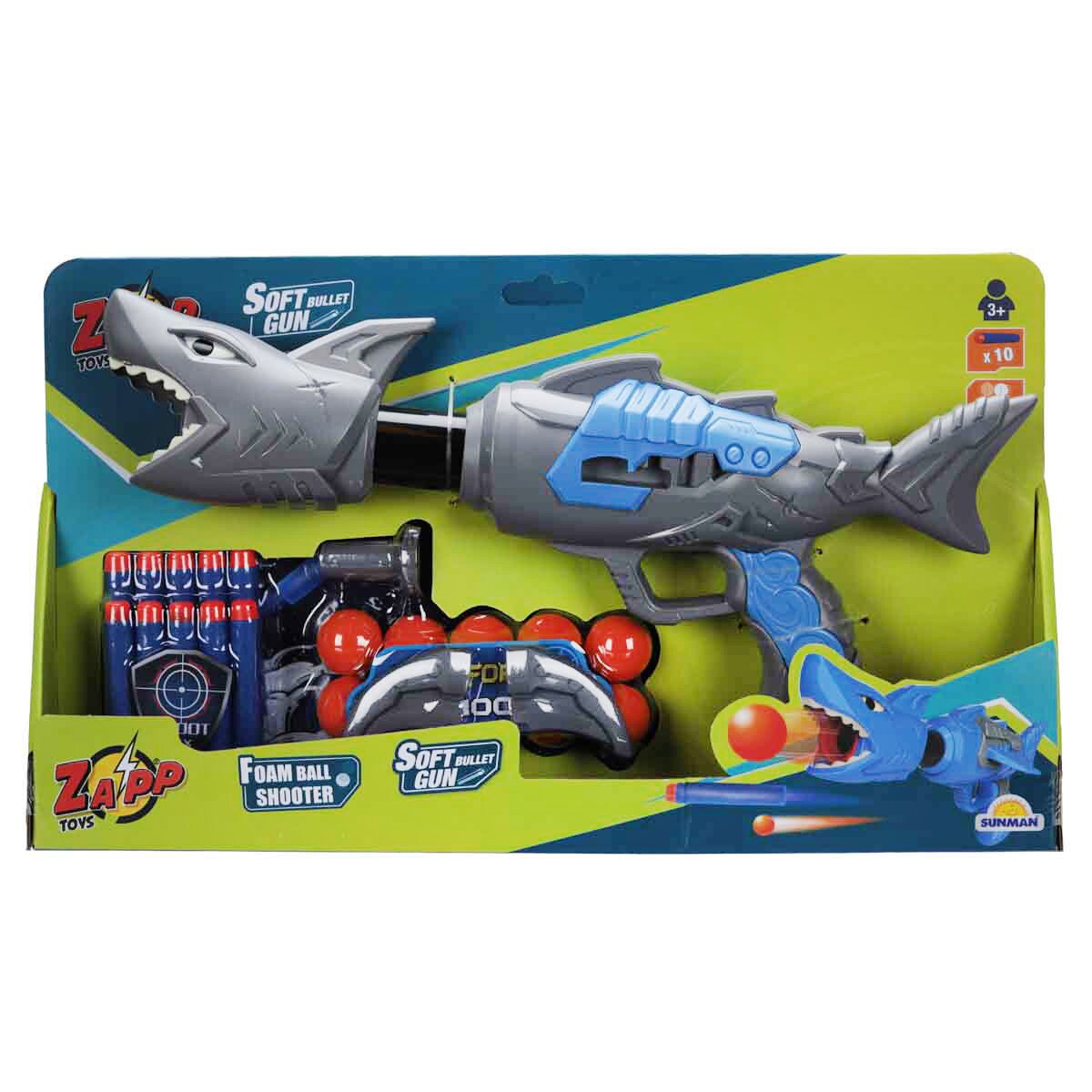 Zapp Toys Arma de jucarie cu 10 sageti si bile din burete Shark Gri